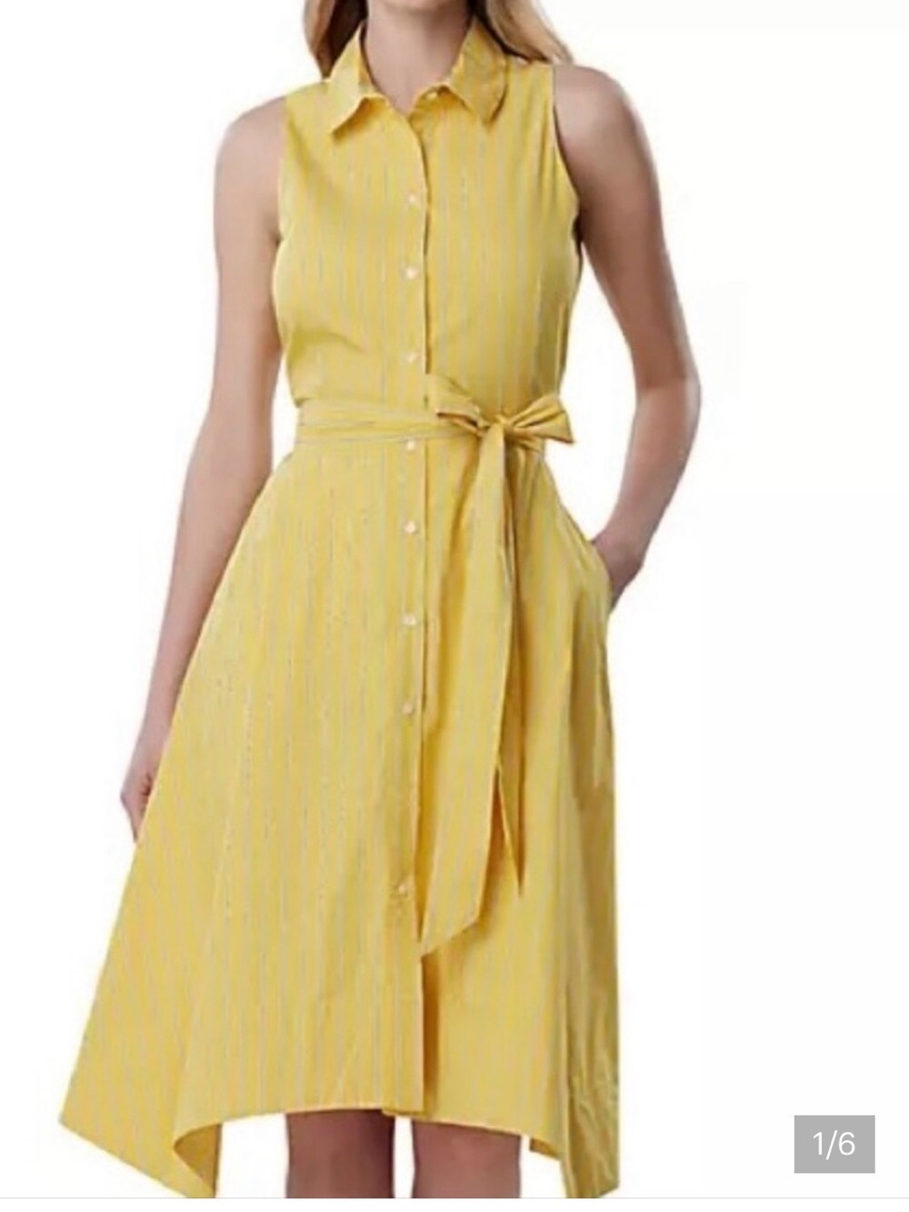 Tahari Yellow Sleeveless Shirt Dress with Tie Waist
